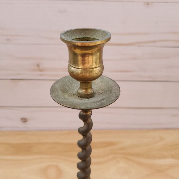 VTG 1950s HB Solid Brass Twisted Candlestick Holder 10" Tall Swirl Design Decor - Picture 7 of 10